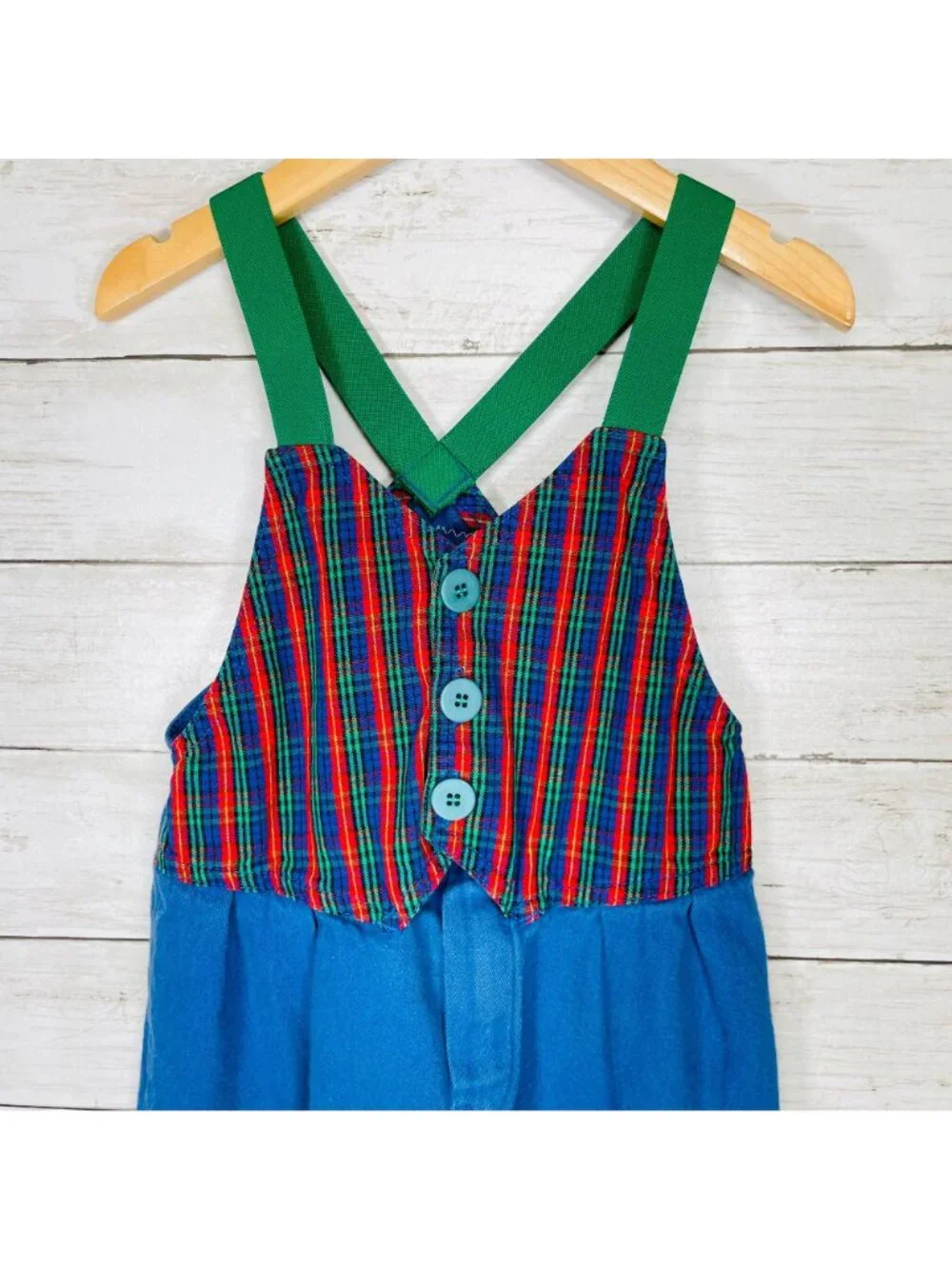 Vintage OshKosh Plaid Vest Elastic Suspender Overalls Romper Outfit 3T